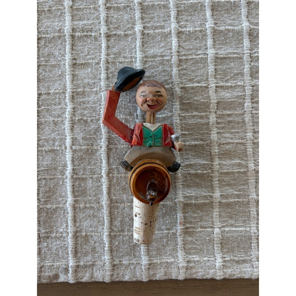 ANRI Italy Carved Wood Bottle Stopper Animated Man Tipping Hat Figural Cork 1930